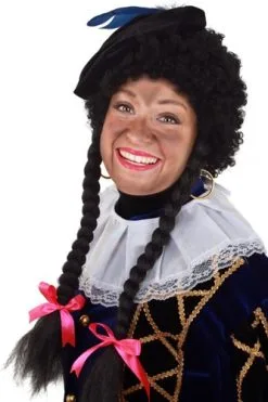 Party Xplosion Pieten Pruik Krul Zwart Met 2 Vlechten